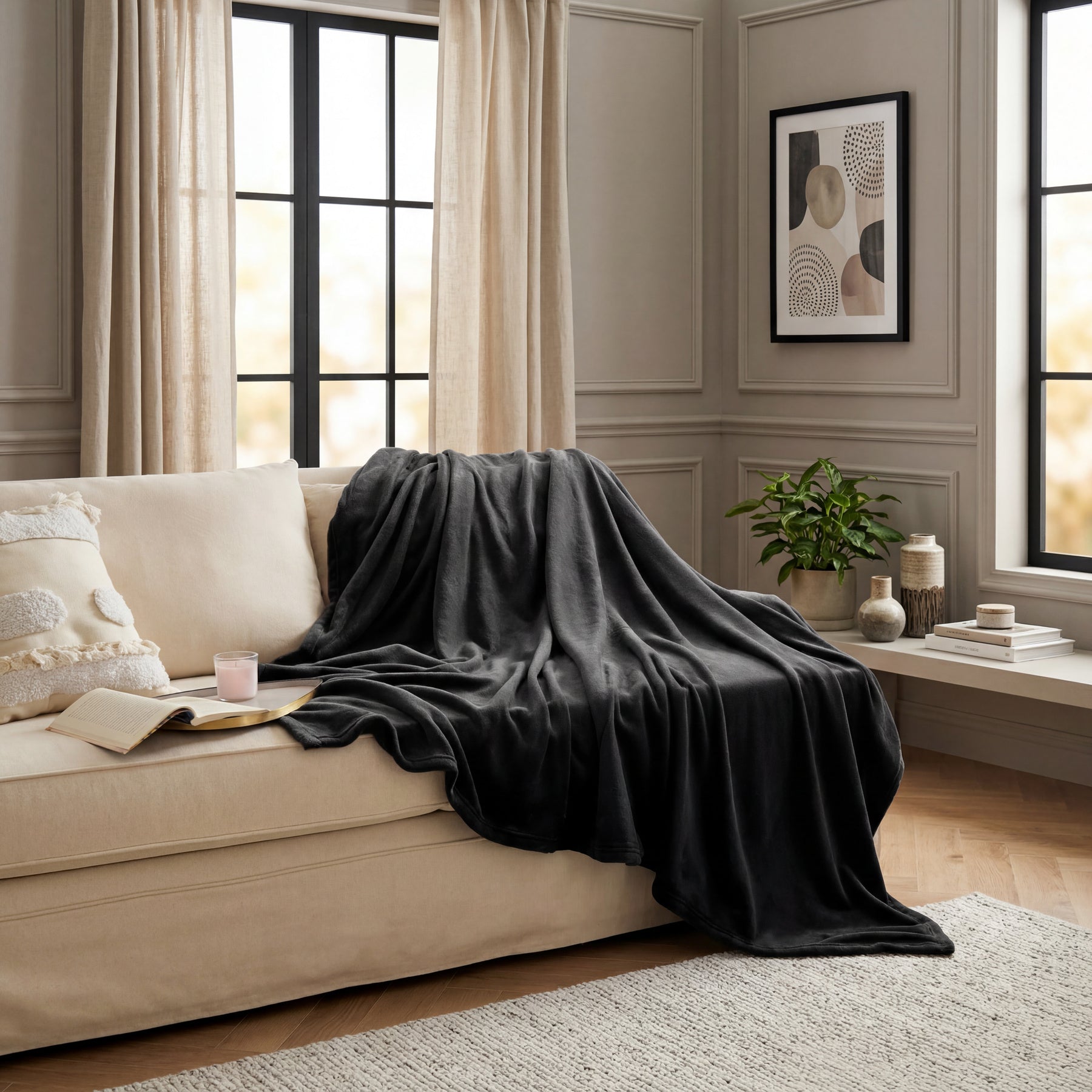 Plaid Polaire Couverture Canapé - Douillette en Microfibre en Flanelle, Douce et Chaude, Jeté de Canapé Grande Taille, XL 150 x 200 cm, Noir, 90% Polyester