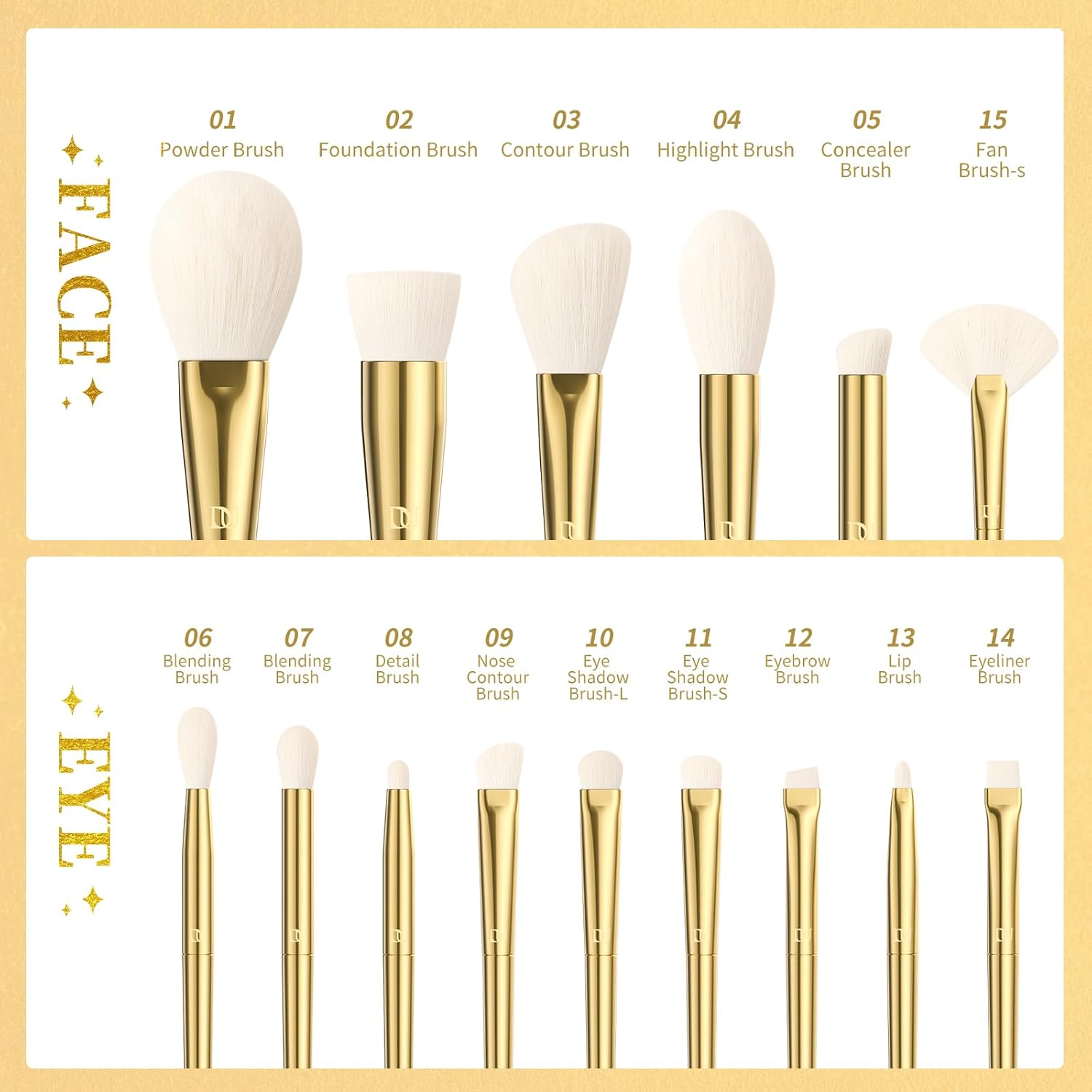 DUcare Coffret de 15 pinceaux de maquillage - Gold & Silver Glow