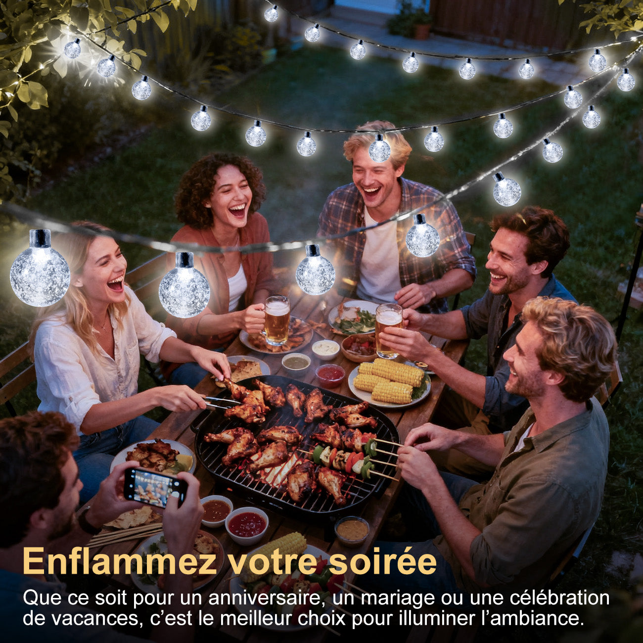 VIVREAL Guirlande lumineuse solaire à boules bulles – 11 m (36 pi) 60 LED Blanc froid, étanche, guirlande lumineuse décorative solaire d’extérieur pour jardin