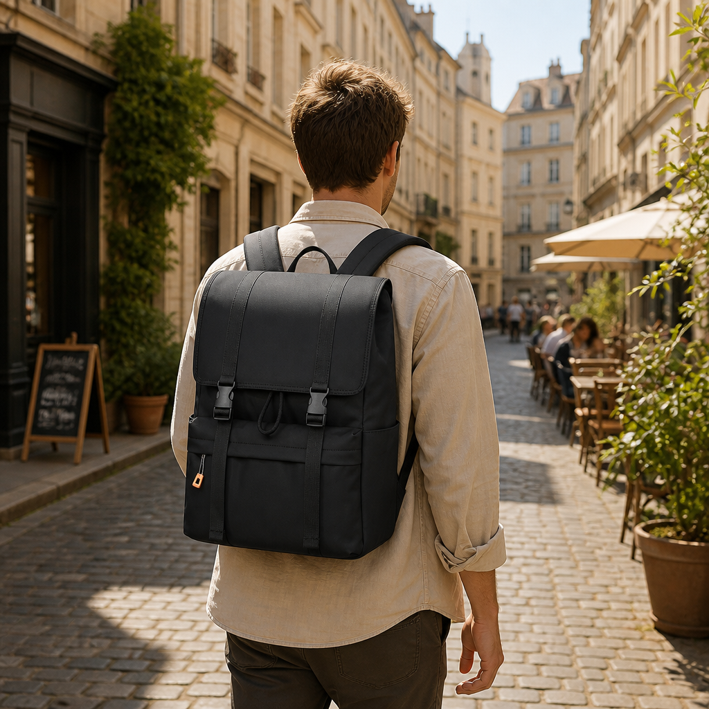 Sac à dos ordinateur portable 15,6 pouces à rabat, sac à dos décontracté résistant à l'eau avec fermeture à cordon, sac à dos de jour grande capacité pour école travail voyage en ville hommes
