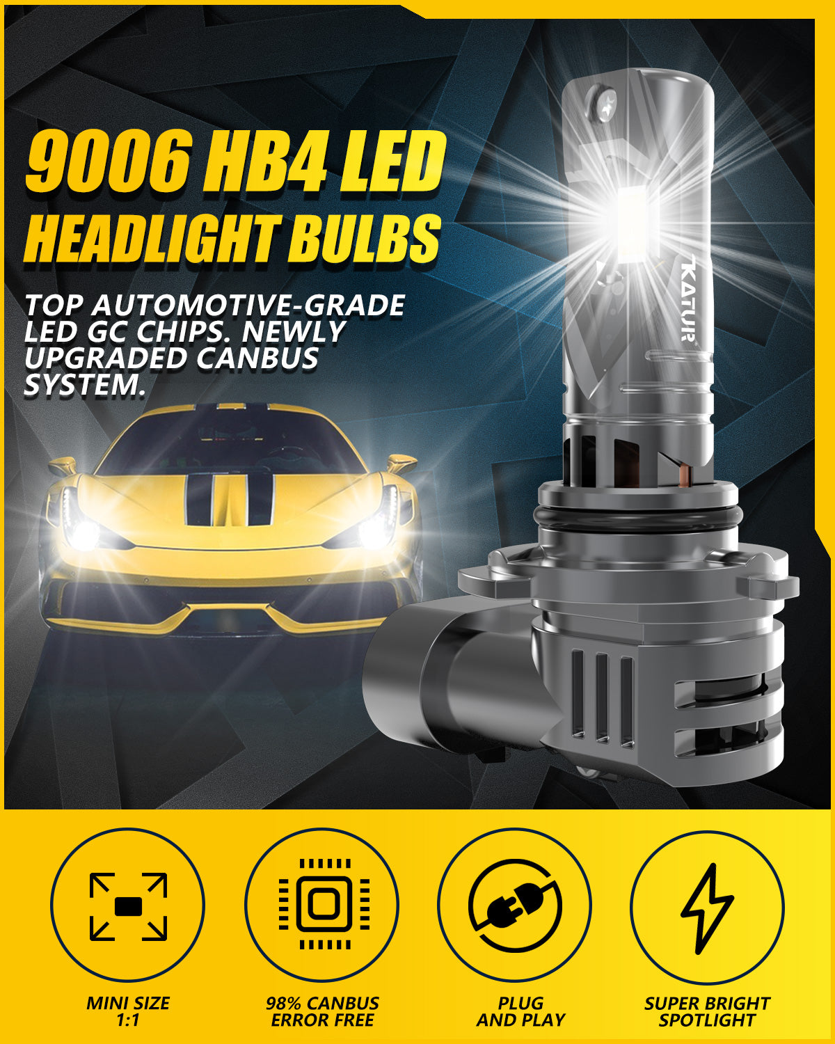 Katur Ampoules de phare LED HB4 9006 100 W 30000 lm 6000 K blanc xénon taille mini 1:1 prêtes à l’emploi lot de 2