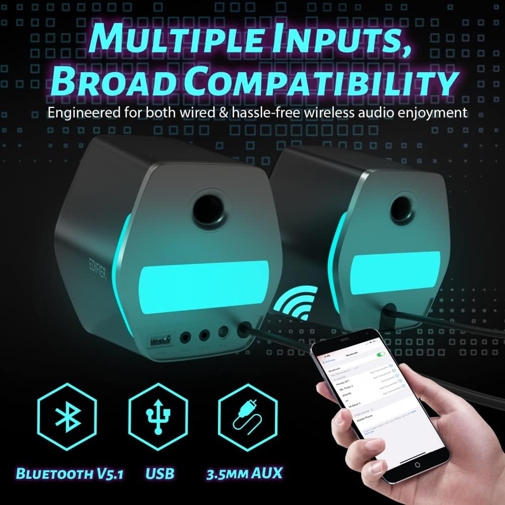 EDIFIER G2000 édition noir et or, puissance 32W, enceintes de jeu pour ordinateur, pour ordinateur portable et de bureau, multimédia avec caisson de basses, Bluetooth, USB, AUX, éclairage RGB