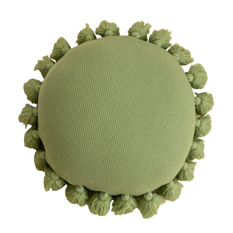 MEROPE, Coussin rond à franges en acrylique, 45x45 cm, vert, 1 pack