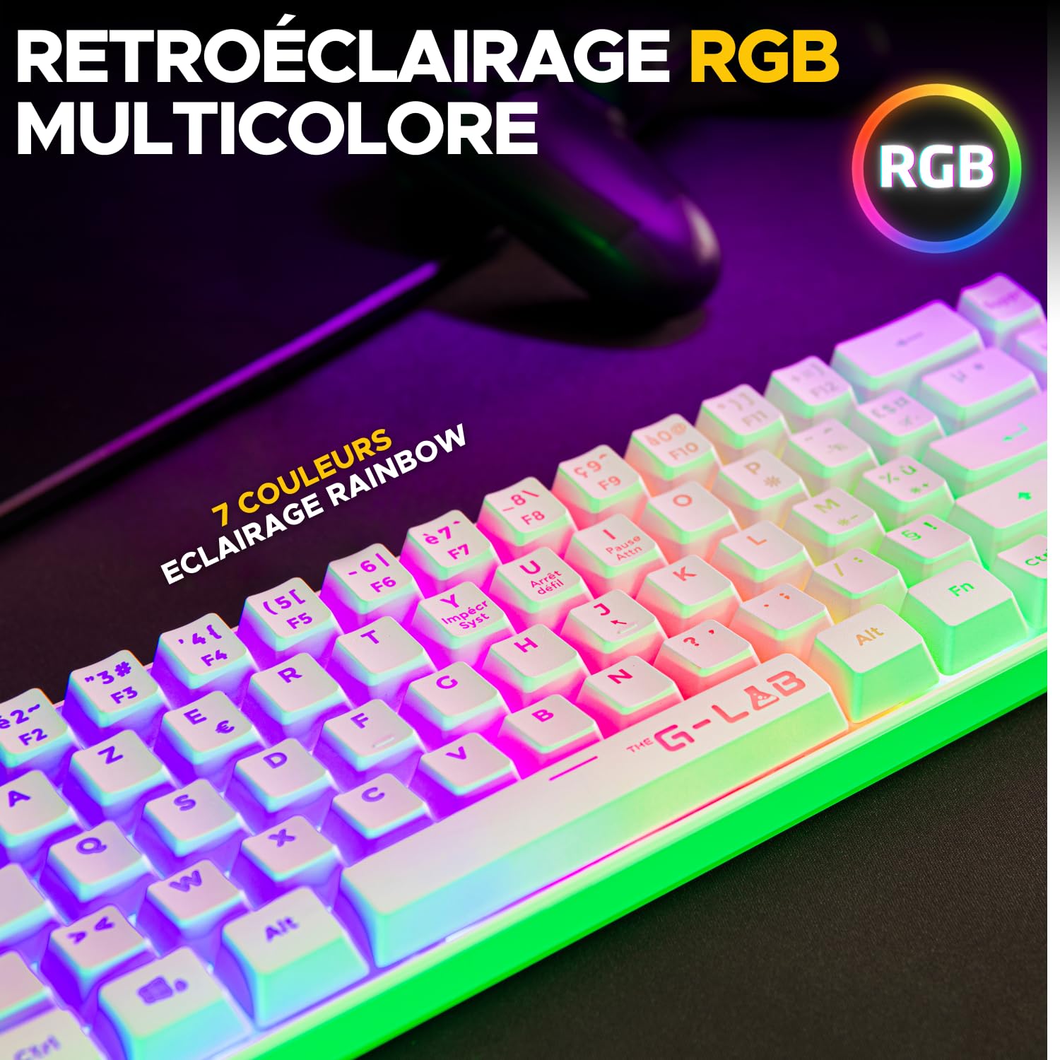THE G-LAB KEYZ HYDROGEN Clavier Gaming Membrane Sans Fil RGB TKL - AZERTY - Blanc