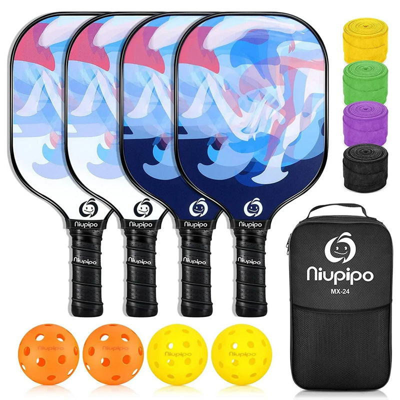Niupipo Lot de 4 raquettes de pickleball – Fibre de verre, noyau en nid d’abeille en polypropylène, certifié USAPA, conception ultralégère, poignée confortable