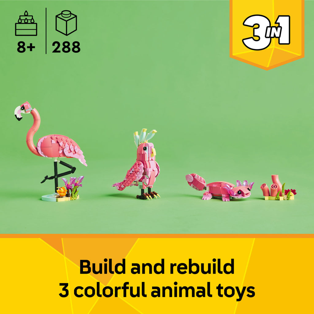 LEGO Creator 3 en 1 Ensemble de Construction Animaux Sauvages 31170 – Flamant Rose, Perruche Rose, Axolotl Rose (288 Pièces)