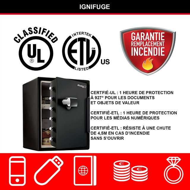 Master Lock Coffre-fort certifié ignifuge et étanche avec alarme, 56,5 L, 472 x 603 x 491 mm, système de combinaison à écran tactile numérique avec clavier rétroéclairé et alarme