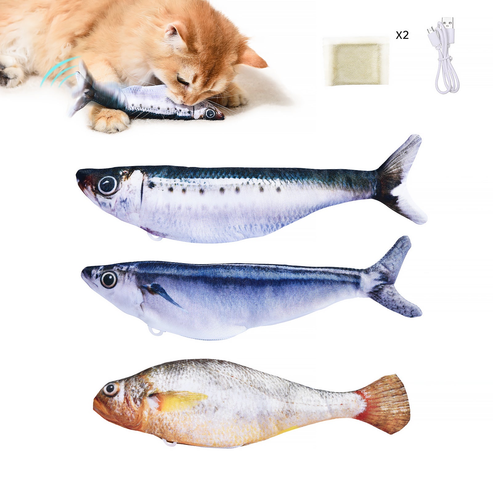 PETGRAVITY Lot de 3 jouets poissons remuants pour chat avec herbe à chat