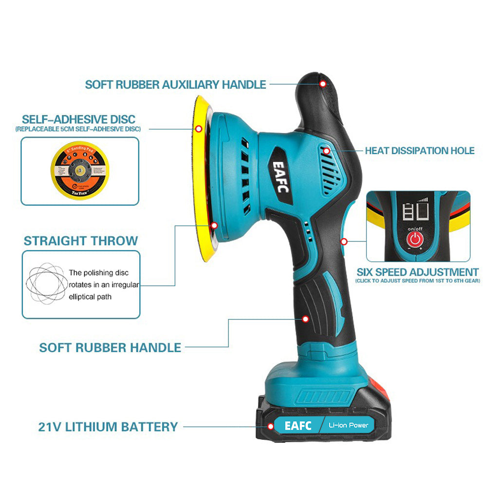 EAFC Polisseuse-cireuse électrique sans fil pour voiture 21 V, Outils de lustrage, 8 vitesses, 2800-5500 tr/min, Batterie rechargeable 7500 mAh (1500 mAh*5), Disque 125 mm