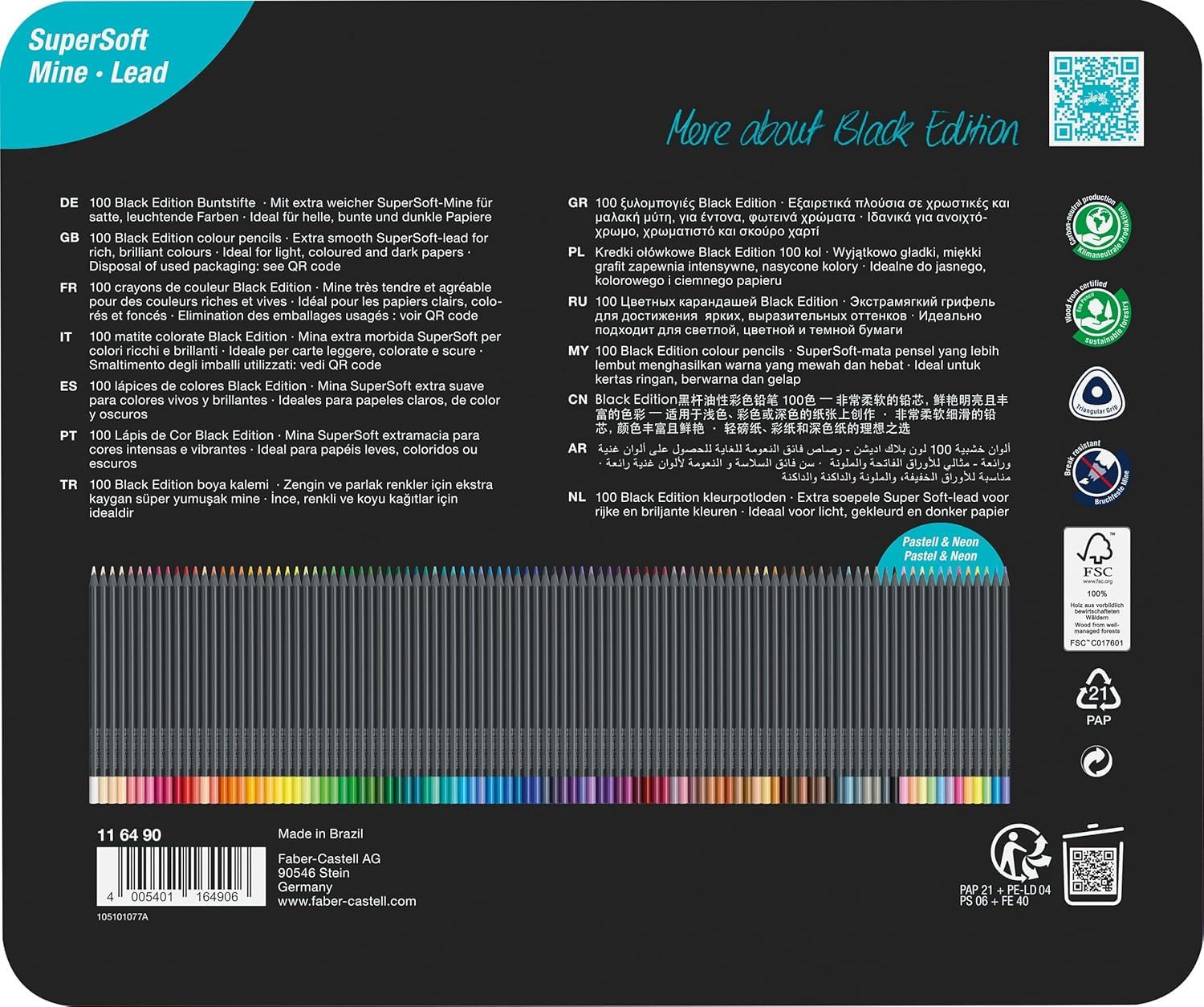 Faber-Castell Crayons de couleur Black Edition, 100 pièces dans une boîte en métal
