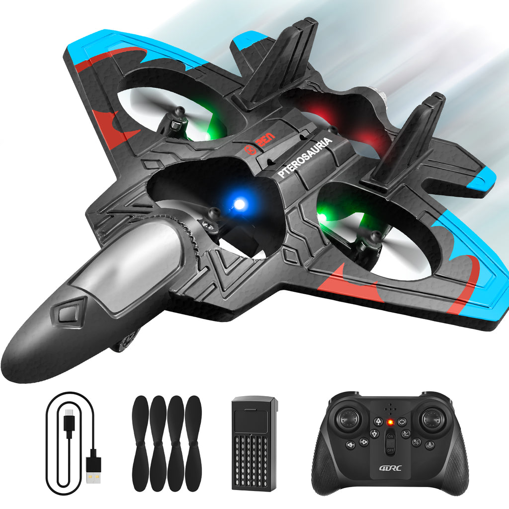 4DRC V32 Avion RC, avion télécommandé en mousse avec lumière, 2 batteries, pirouette à 360°, systèmes de stabilisation gyroscopique, 3 vitesses réglables, avion de chasse RC