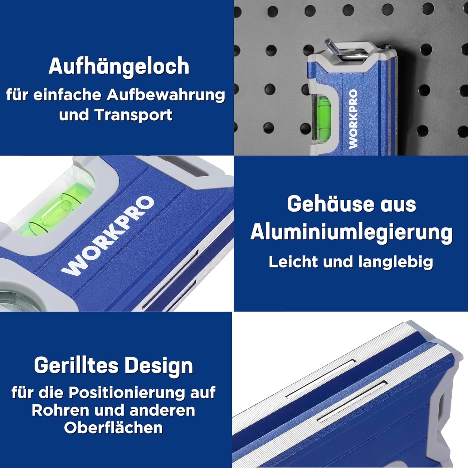 WORKPRO Mini niveau à bulle magnétique en alliage d'aluminium avec trou de suspension et aimant puissant 115 mm, 2 niveaux 90°/180°