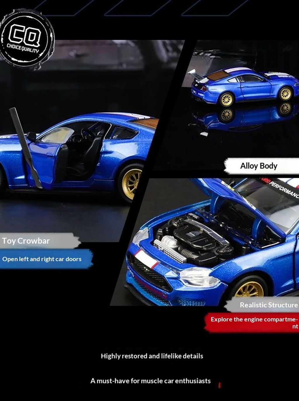 CCA Classic Blue 2018 Ford Mustang GT Voiture Miniature en Métal 1:42 - Kit DIY avec Portes Ouvertes, Intérieur Détaillé, Cadeau de Collection