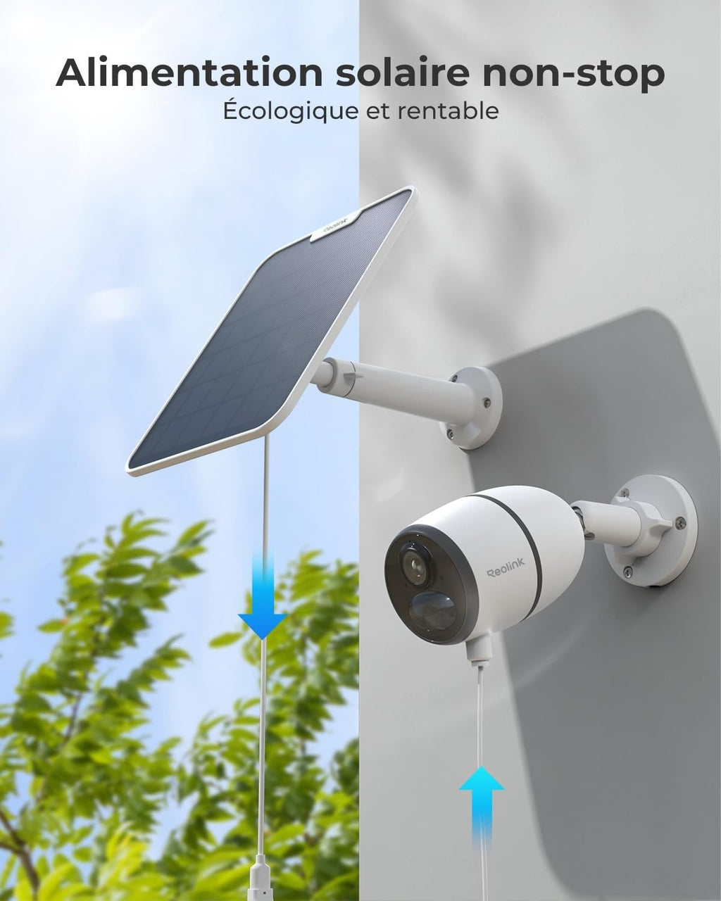 Reolink Panneau Solaire 2 6 W pour Caméra de Sécurité Extérieure Sans Fil, USB Type-C, Support Réglable à 360°, Câble de 4 m, Étanche, Blanc