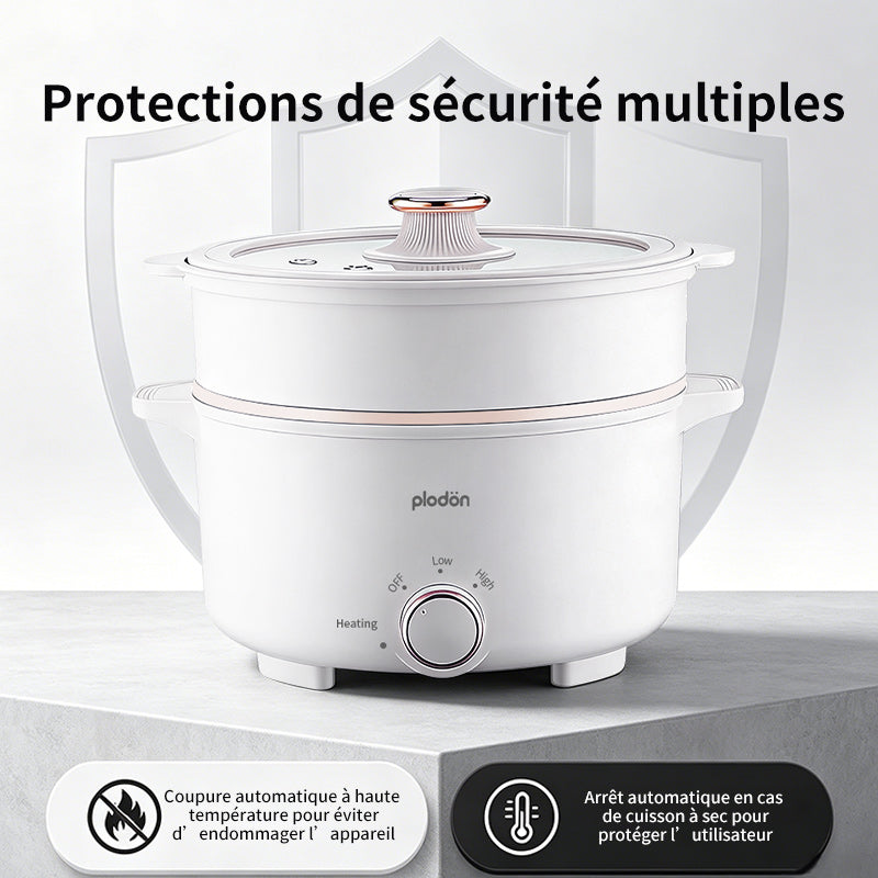 Plodon Marmite électrique multifonction antiadhésive 1 000 W, 2,4 L, avec cuiseur vapeur, fondue et double contrôle de puissance pour nouilles, pâtes, œufs, soupes