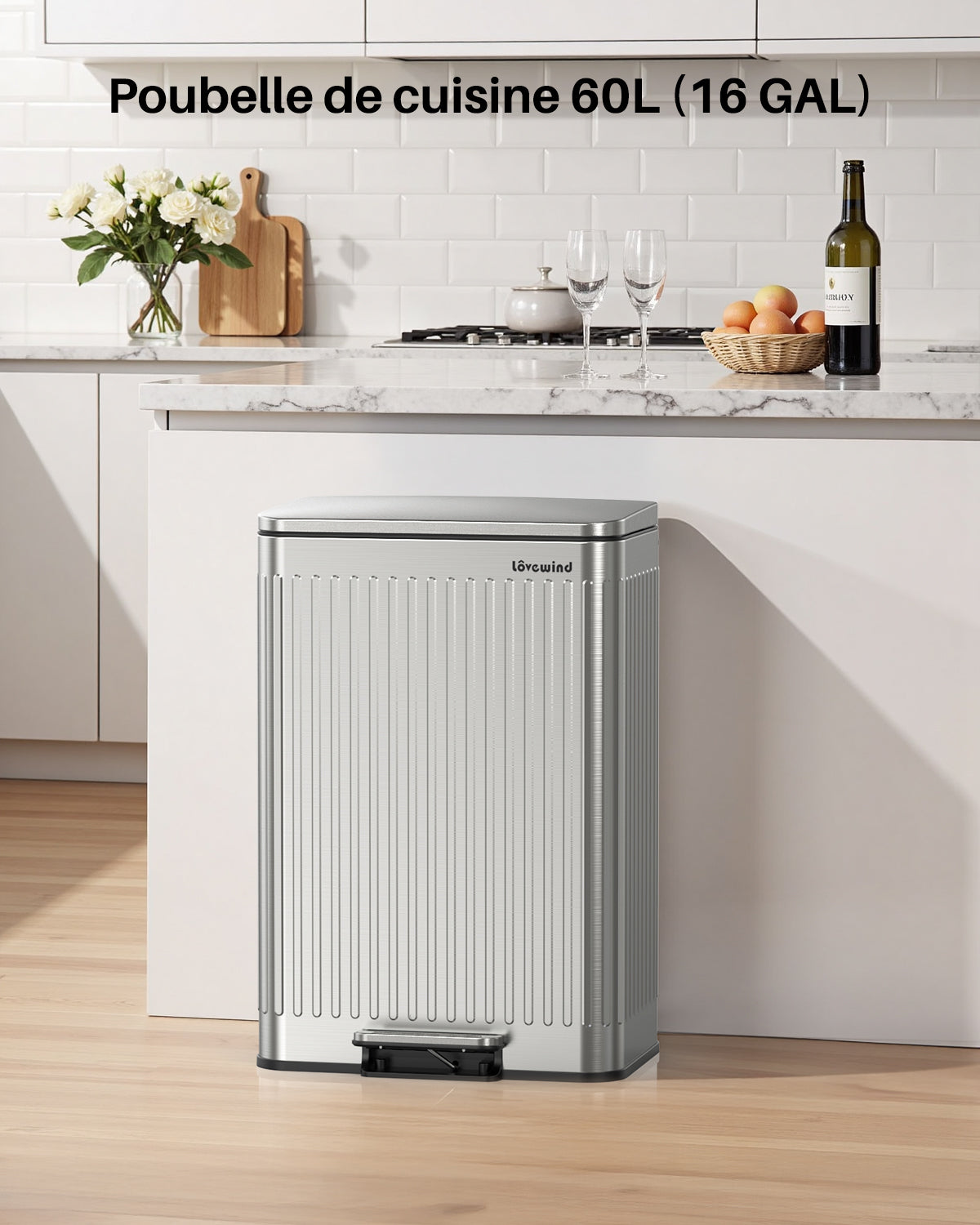 Poubelle en acier inoxydable 60 litres / 16 gallons avec couvercle à fermeture douce, grande poubelle à pédale avec texture romaine, seaux intérieurs amovibles