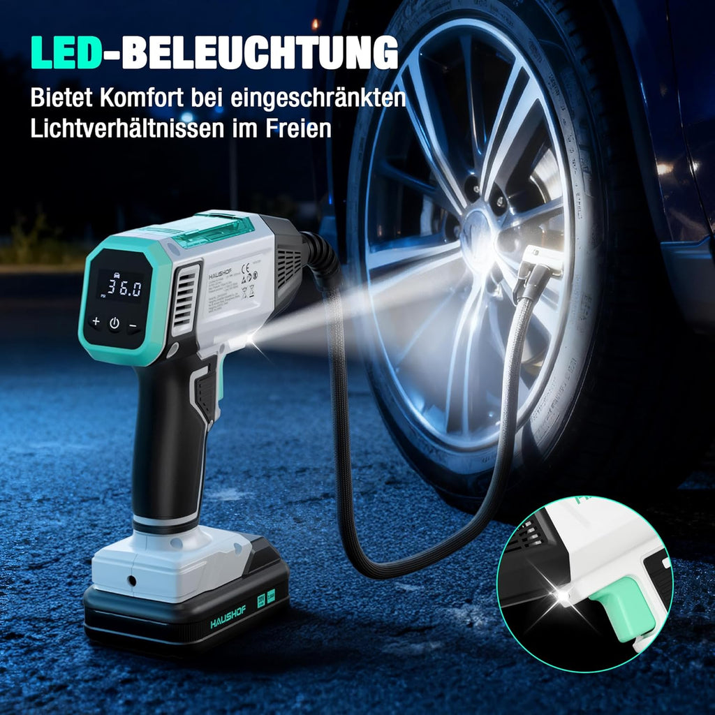 HAUSHOF Compresseur sans fil pour voitures Pompe à air portable avec batterie 2000 mAh 4 modes intelligents + mode manuel Affichage numérique Arrêt automatique pour pneus motos vélos ballons