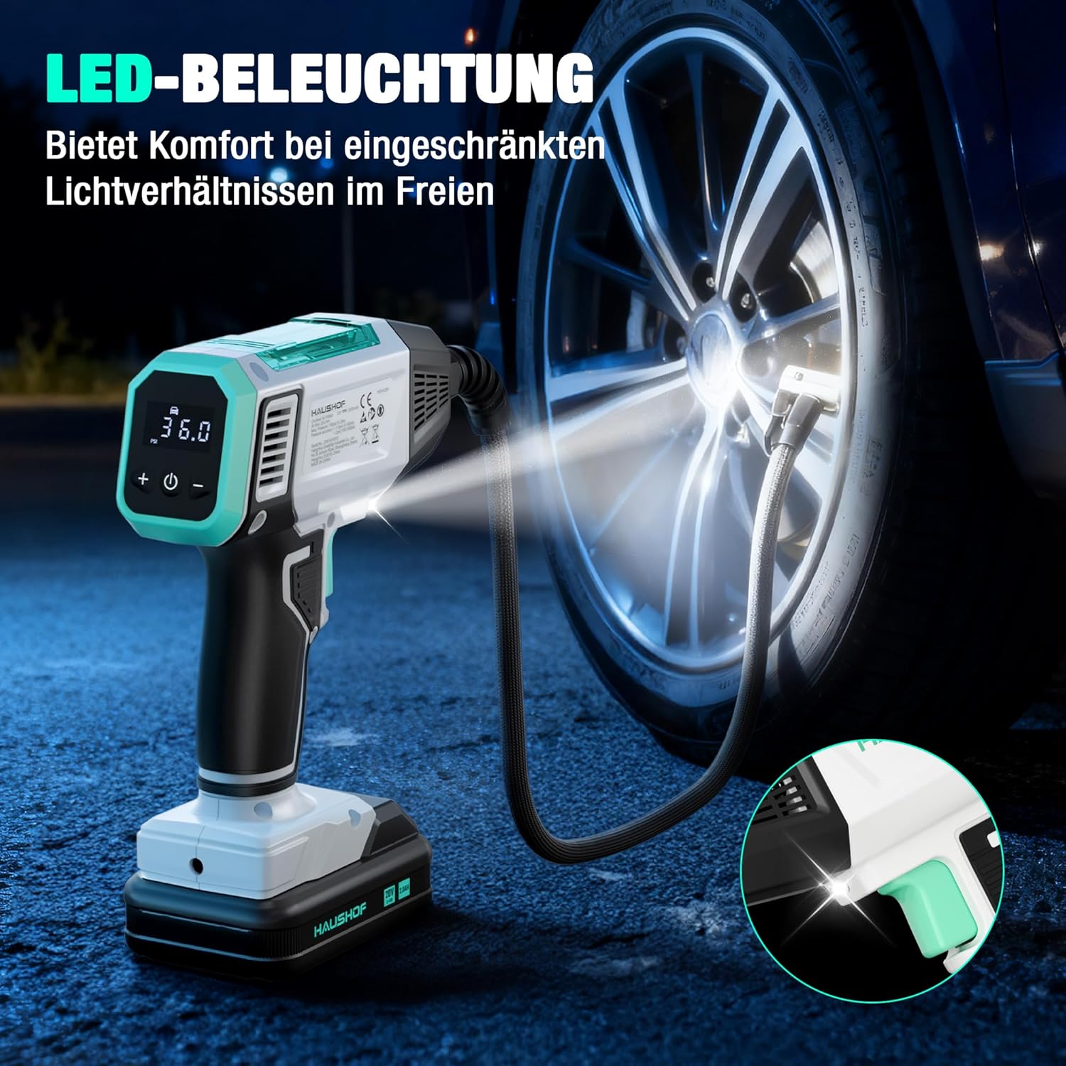 HAUSHOF Compresseur sans fil pour voitures Pompe à air portable avec batterie 2000 mAh 4 modes intelligents + mode manuel Affichage numérique Arrêt automatique pour pneus motos vélos ballons