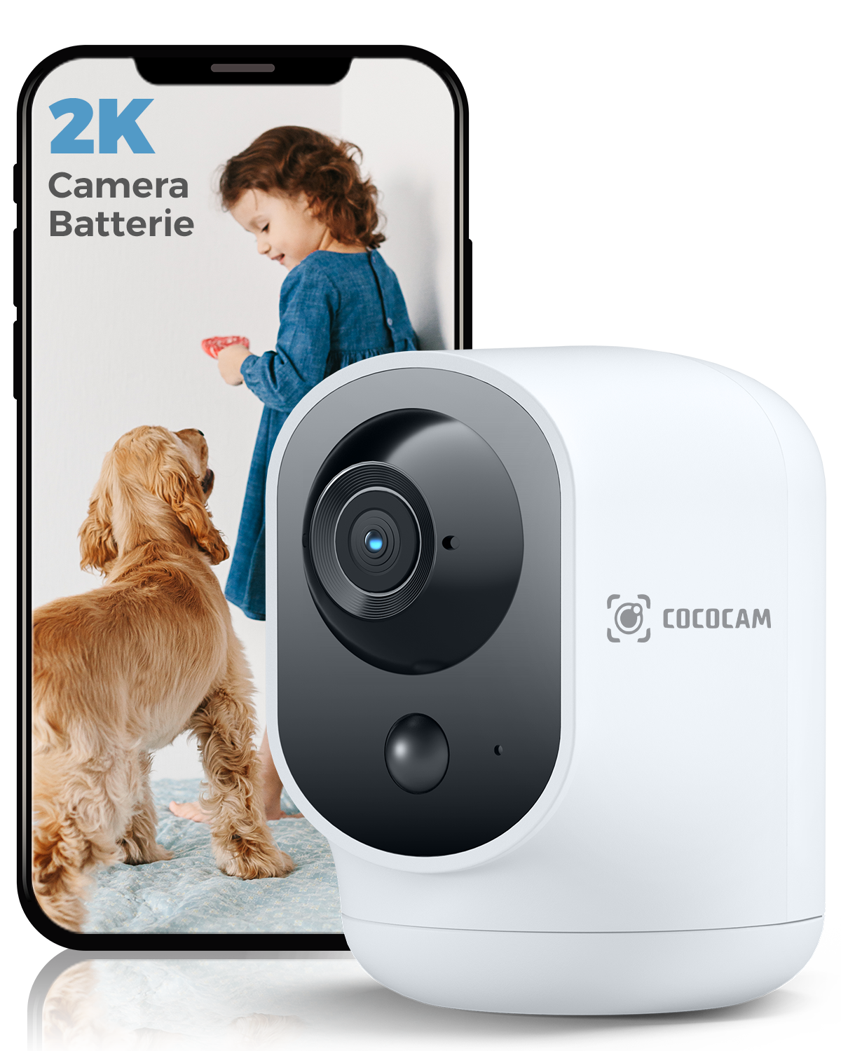 COCOCAM Caméra de sécurité intérieure 2K Wi-Fi panoramique et inclinable avec batterie 5200 mAh sans fil, reconnaissance IA, détection humaine PIR, compatible Alexa, 2,4 GHz