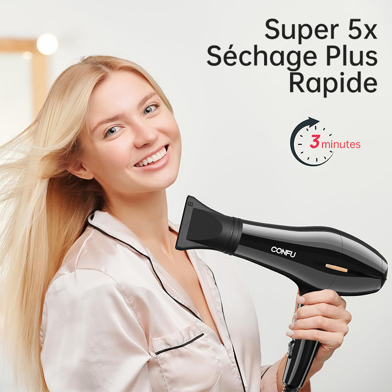 CONFU Sèche-cheveux haute vitesse 8926 Noir, 19 000 tr/min, puissance longue durée 2300 W, deux embouts d'air