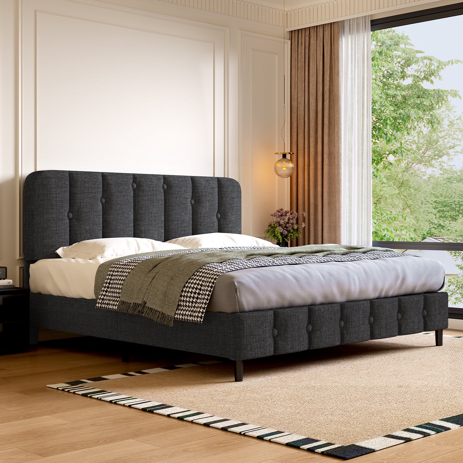 GTIMEX Lit capitonné 212,5 x 145 x 110 cm avec sommier à lattes, Capacité de charge statique : 390 kg, Lit double avec tête de lit rembourrée, Montage facile, Cadre robuste et tissu en lin de haute qualité, Gris foncé