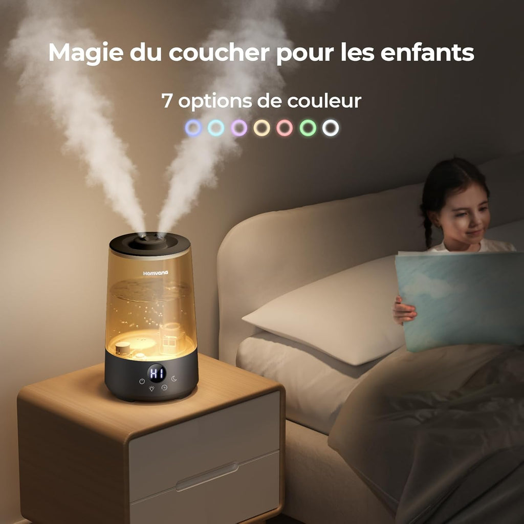 Homvana Humidificateur H101 3,6 L Noir - Remplissage par le haut, Pulvérisation silencieuse, Autonomie 34 h, Silencieux 16 dB, Diffuseur d'arômes et veilleuse