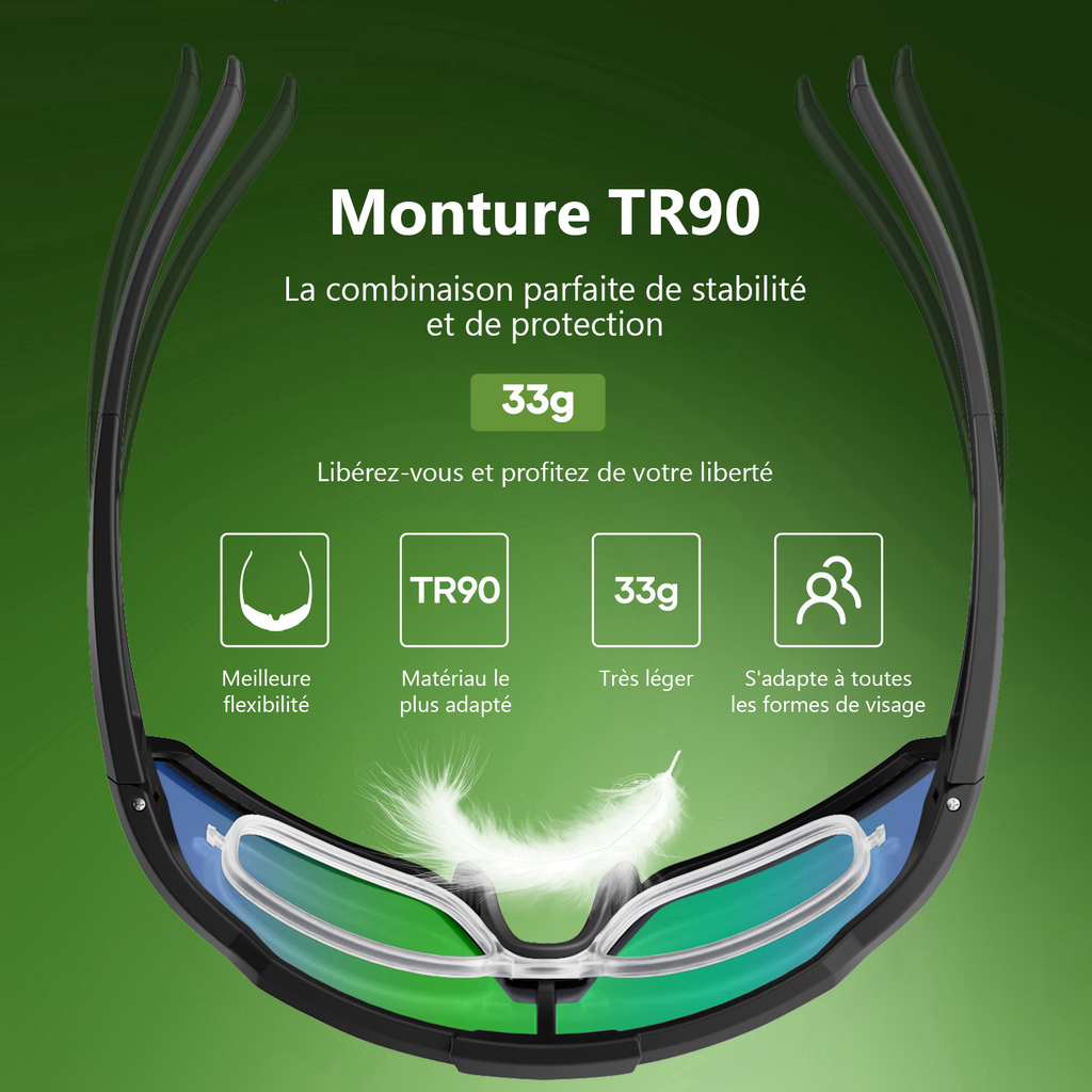 Revoray Y1 Lunettes de soleil de cyclisme avec verres polarisés TAC haute définition, monture TR90 ultra-légère 33 g, protection UV 400, revêtement hydrophobe et oléophobe - Vert