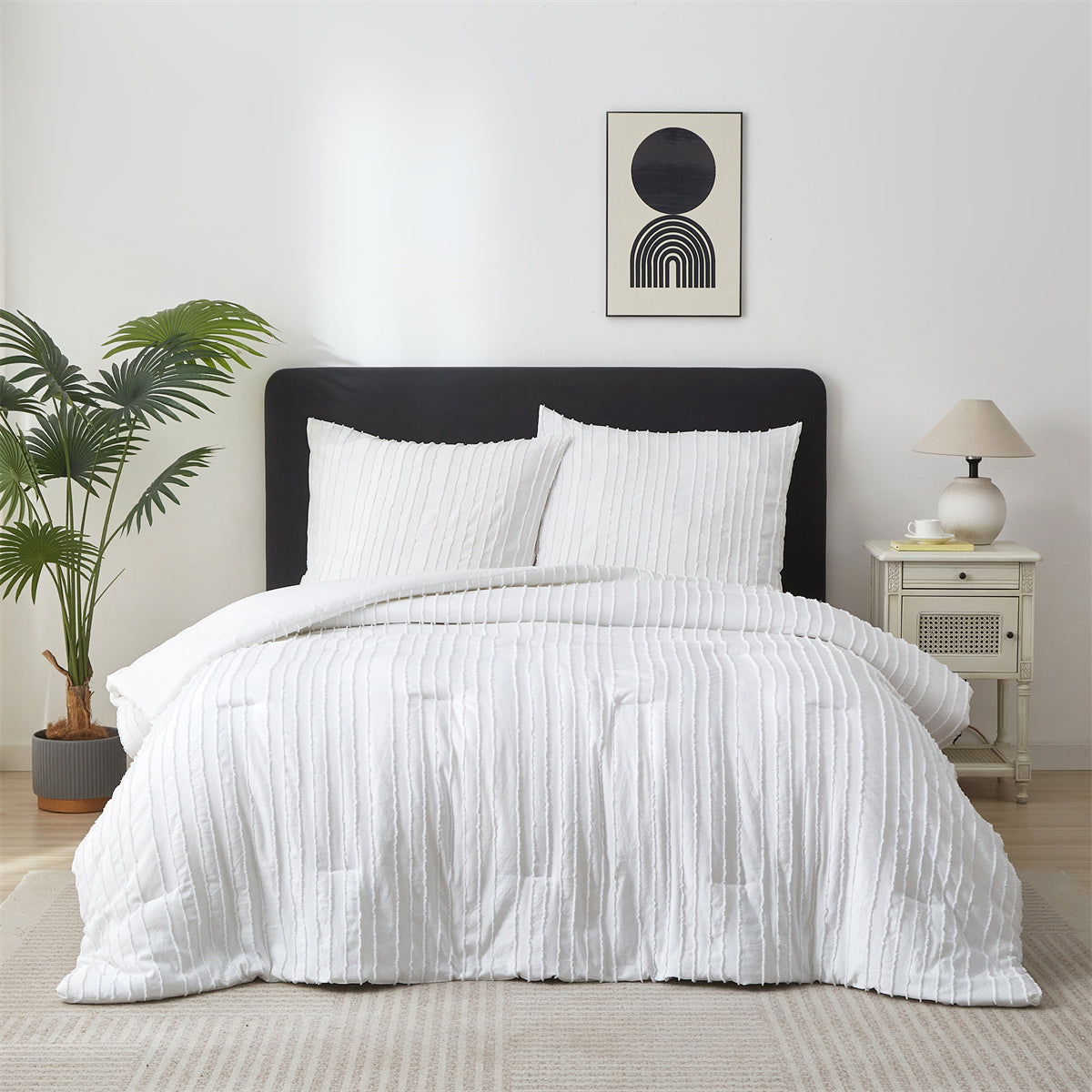 MEEALLHOME Parure de lit à rayures verticales blanc - 1 housse 155 x 220 cm et 2 taies 80 x 80 cm