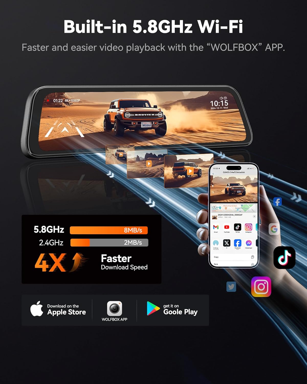 WOLFBOX G840S 12" 4K Dashcam avec rétroviseur, caméra de recul, miroir rétroviseur intelligent WiFi 5,8 GHz pour voitures et camions, double caméra avant et arrière, vision nocturne