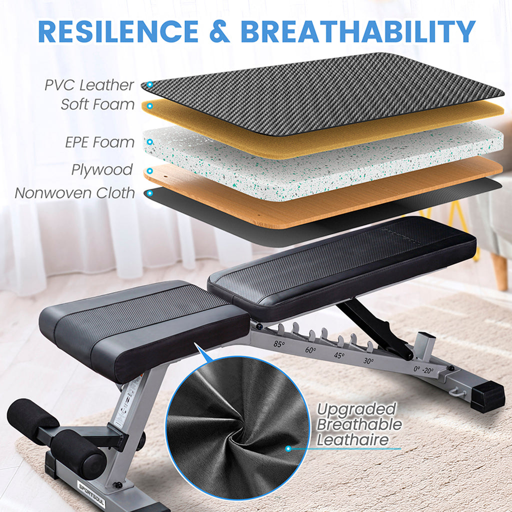 SPORTSOUL Banc d'exercices réglable pour salle de sport à domicile, banc d'entraînement de force pliable avec capacité de charge de 610 lb, 6 x 3 x 3 réglable