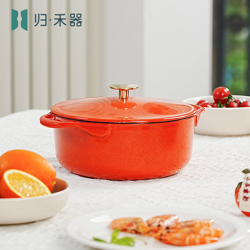 Guiheqi Édition limitée - Cocotte en fonte émaillée à double anse, fond plat, pression douce - 22 cm, 3 L - Orange vermillon kaki