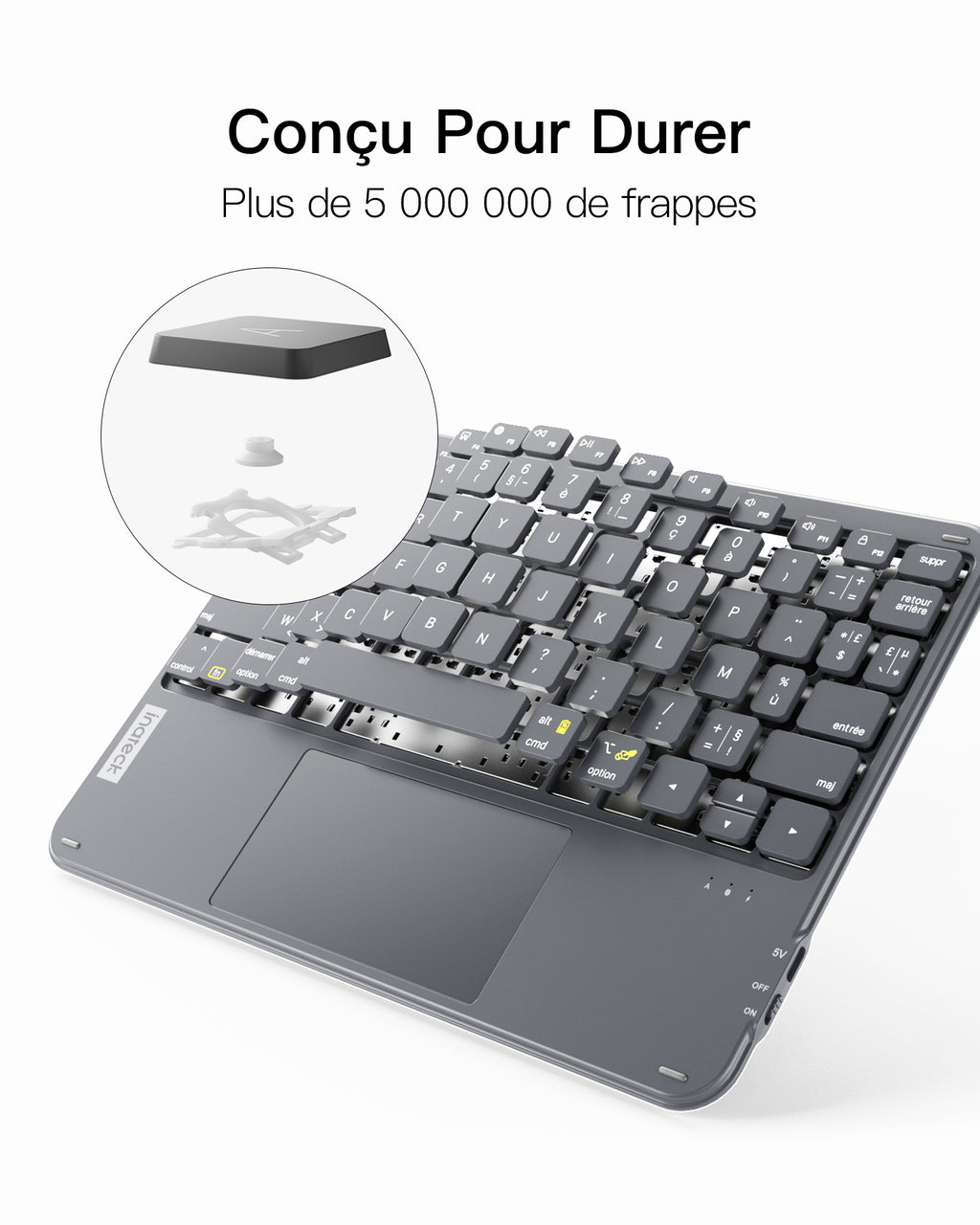 Inateck Clavier Bluetooth 3 canaux avec pavé Tactile, Clavier sans Fil AZERTY Ultra Fin et Portable, Compatible avec iPad OS,Windows et Android, KB01105 Gris
