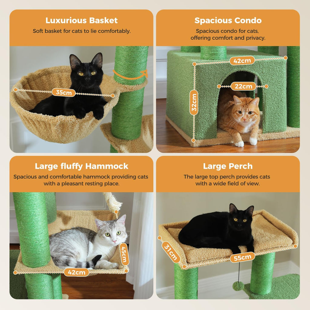 PAWZ Road Grand arbre à chat stable à plusieurs niveaux, Arbre à chat XXL avec hamac 170 cm, 13 poteaux en sisal diamètre 11 cm, Grande plateforme, Niche, Corbeilles, Vert