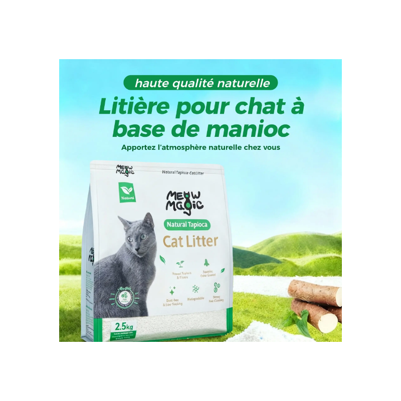 Meowmagic Litière pour chat, Mélangeable avec n'importe quelle litière pour chat pour éviter l'adhérence au fond, Manioc naturel 2,5 kg