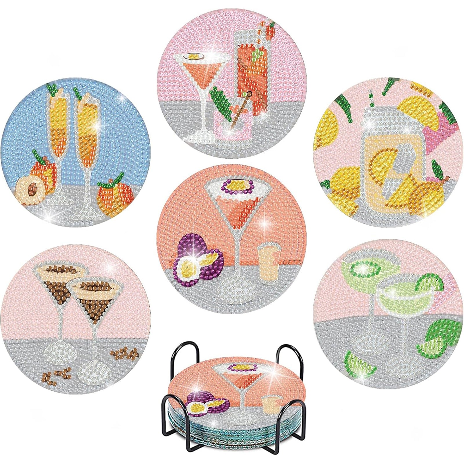 Ju7cer Lot de 6 sous-verres de peinture diamant 5D avec support - Art cocktail DIY pour tables à boissons et de café