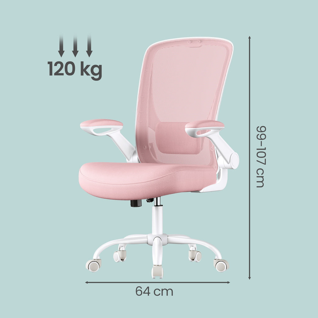 JOYFURNOS Chaise de bureau ergonomique blanc nuage en maille – Accoudoirs relevables, épais coussin en mousse, inclinaison 90–105°, hauteur réglable 103–110 cm
