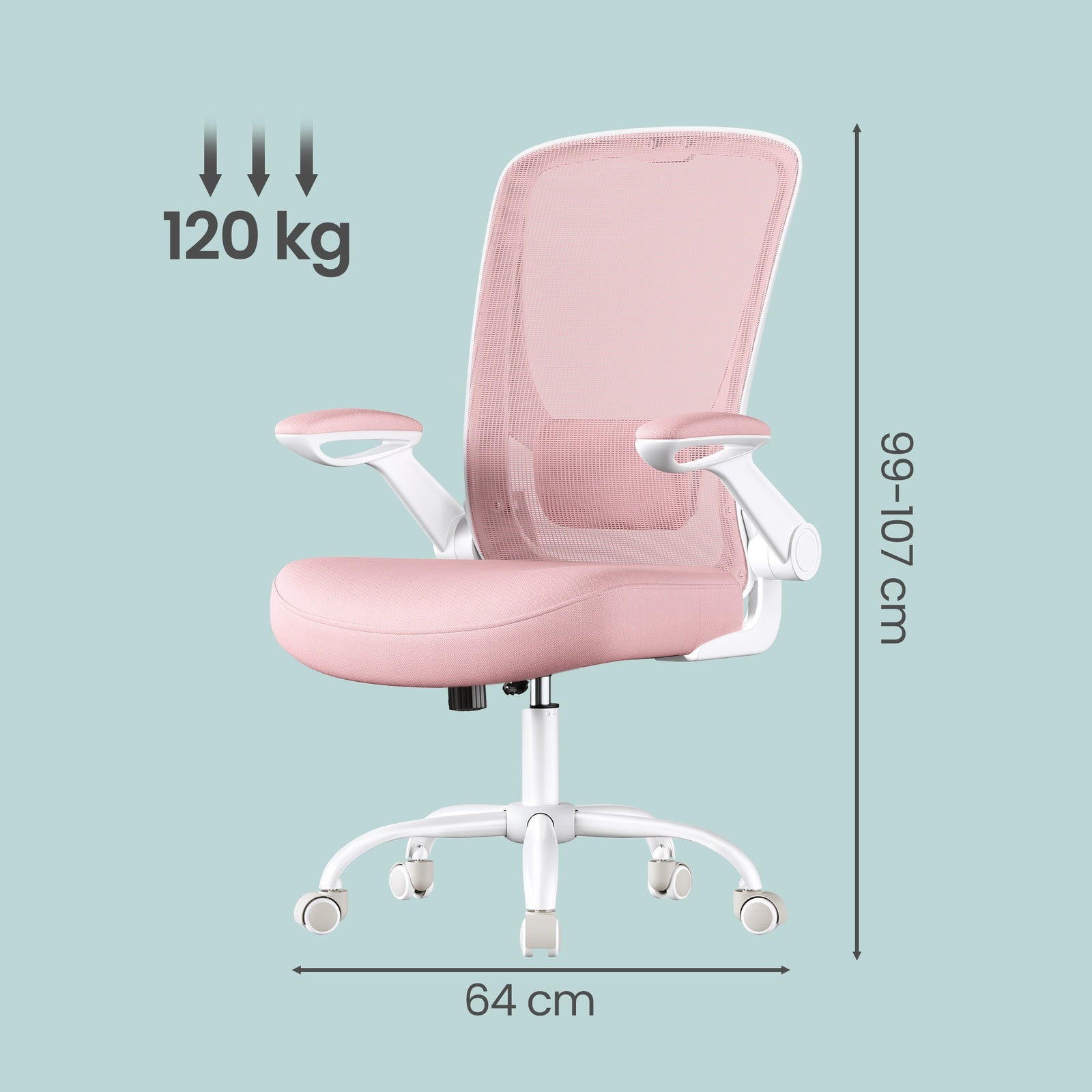 JOYFURNOS Chaise de bureau ergonomique blanc nuage en maille – Accoudoirs relevables, épais coussin en mousse, inclinaison 90–105°, hauteur réglable 103–110 cm