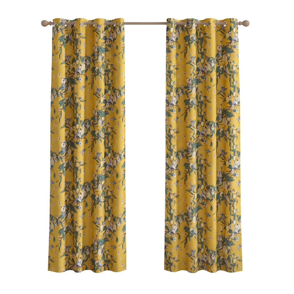 PONY DANCE Rideaux Occultants Motif Colibri Citron Style Illustration Mid Century pour Salon, Chambre, 2 Panneaux, L 132 x H 220 cm, Jaune Moutarde