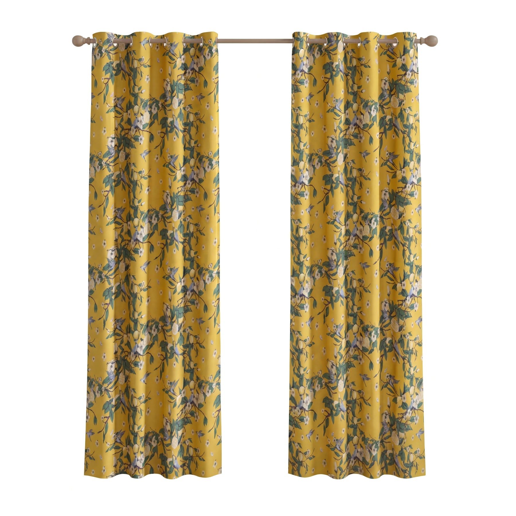 PONY DANCE Rideaux Occultants Motif Colibri Citron Style Illustration Mid Century pour Salon, Chambre, 2 Panneaux, L 132 x H 220 cm, Jaune Moutarde