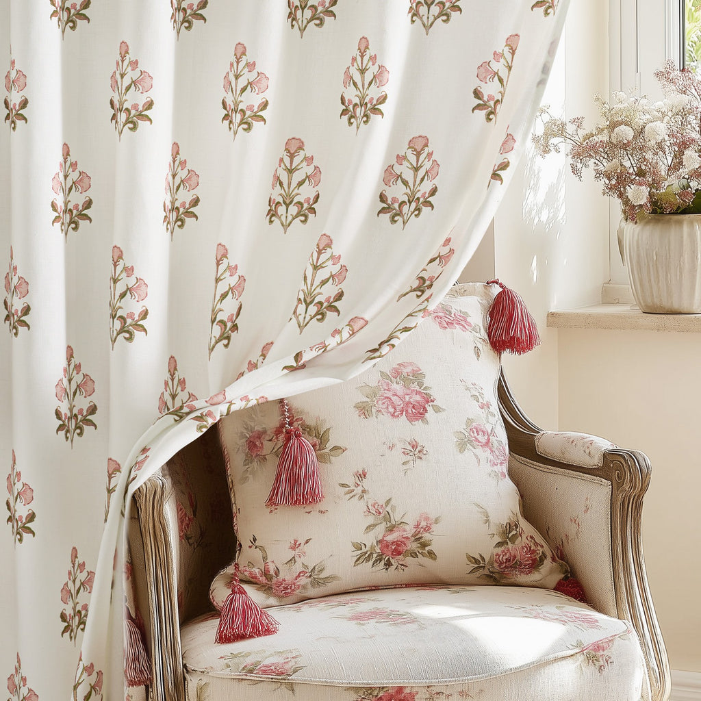 PONY DANCE Rideaux floraux à œillets arrière et poche pour tringle, rideaux de fenêtre imprimé botanique style maison de campagne pour salon chambre, 2 panneaux, l 132 x L 245 cm, rose mandarine