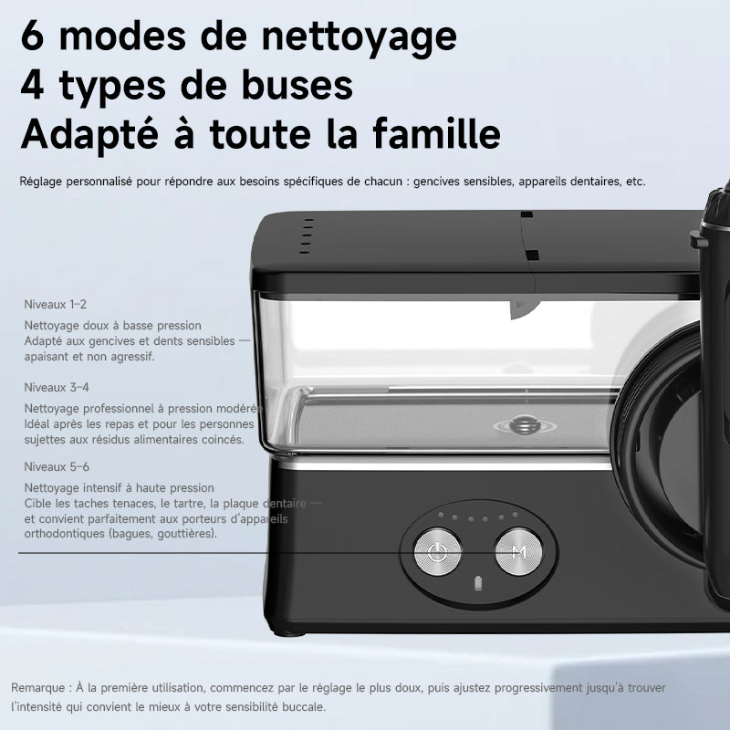 h2ofloss Hydropulseur dentaire portable, 6 modes, 5 canules, batterie 2500 mAh, réservoir d'eau 570 ml, étanche IPX7 - Noir