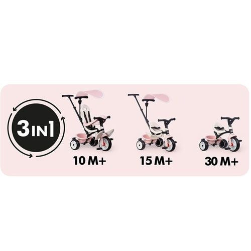 Smoby - Tricycle Baby Balade Rose - Evolutif 3 en 1 - Poignée Parentale Réglable - Frein de Parking, Repose-pied, Pare-soleil Anti-UV - A Partir de 10 Mois Jusqu'à 3 Ans - Fabrication Espagnole