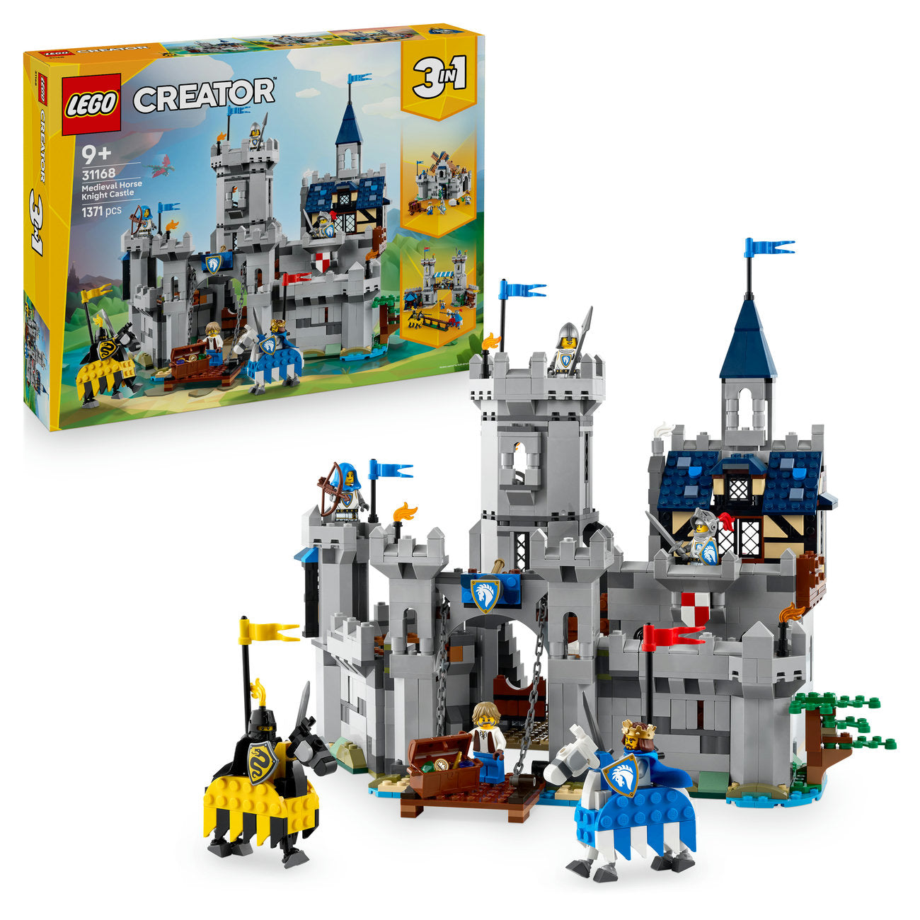 LEGO Creator 3 en 1 Château Médiéval 31168 Ensemble de Construction Jouet (Reconstruit en Tour ou Place du Marché, 1 371 Pièces)