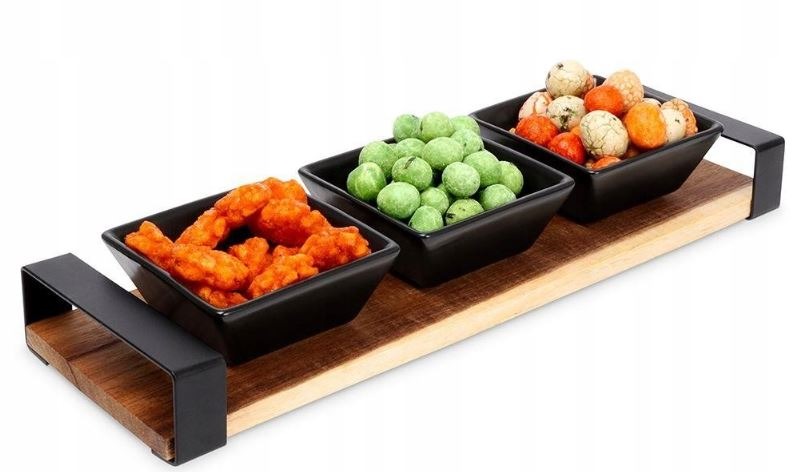 Koopman Set de service pour snacks - 3 bols avec plateau en bois