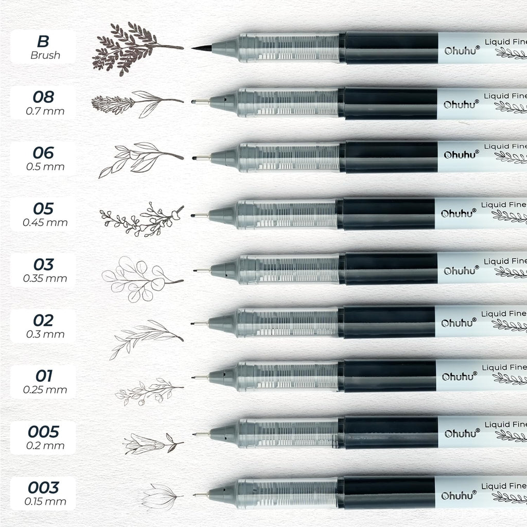 Ohuhu Stylos de dessin à pointe fine, Tailles de pointe assorties, Encre pigmentée noire, Micro-stylos ne traversant pas le papier pour croquis, écriture et journal créatif, 9 stylos