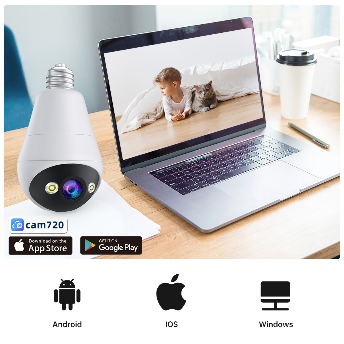 JOOAN E27 Caméra de surveillance Ampoule, sans fil, Intérieur/Extérieur, Pan/Tilt 360°, Vision nocturne couleur, Lampe LED et projecteur, Wi-Fi 2,4 GHz
