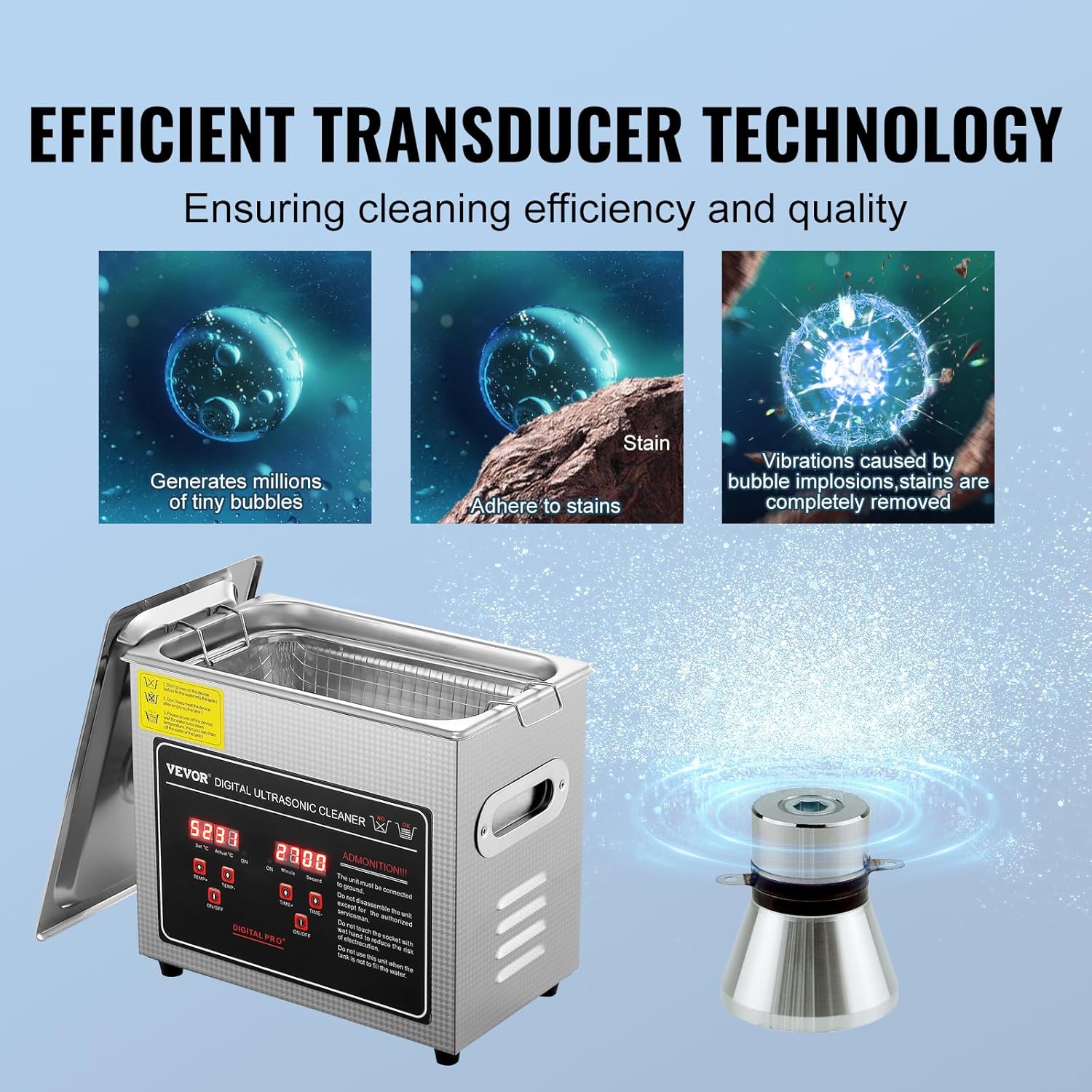 VEVOR Nettoyeur ultrasonique numérique 3 L avec écran LED, prise EU 220 V, machine de nettoyage en acier inoxydable pour bijoux, lunettes et outils