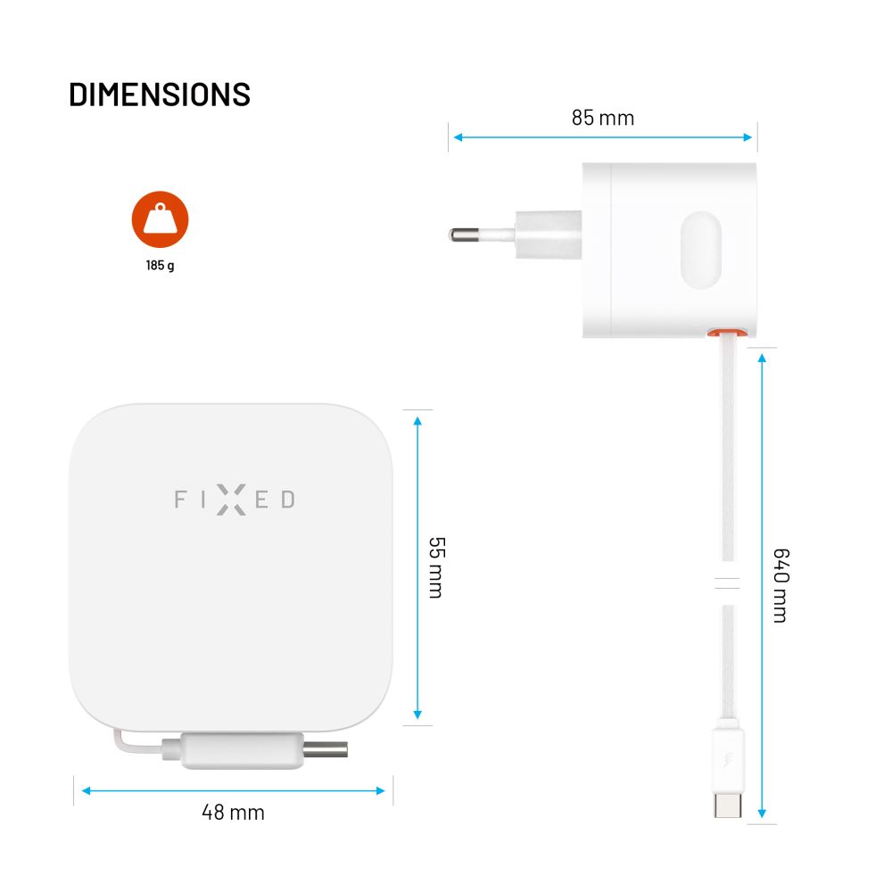 FIXED Chargeur de voyage GaN 65W avec câble rétractable, double USB-C, Charge Rapide PD 3.0, Blanc