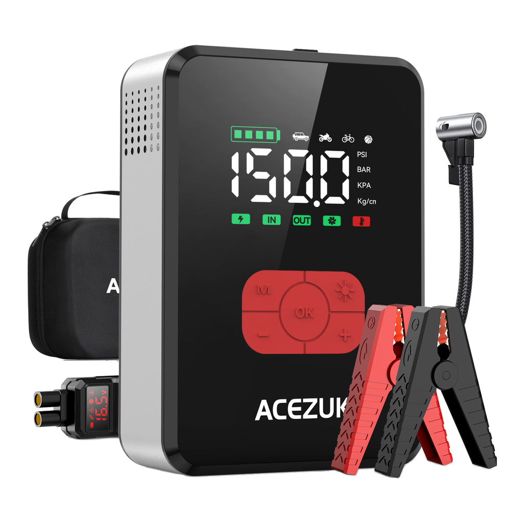 ACEZUK M06 Booster de batterie 7000 A avec batterie externe, pour voitures tout essence et diesel 12 L, avec compresseur d’air 150 PSI, 12 V, câbles de démarrage et éclairage LED
