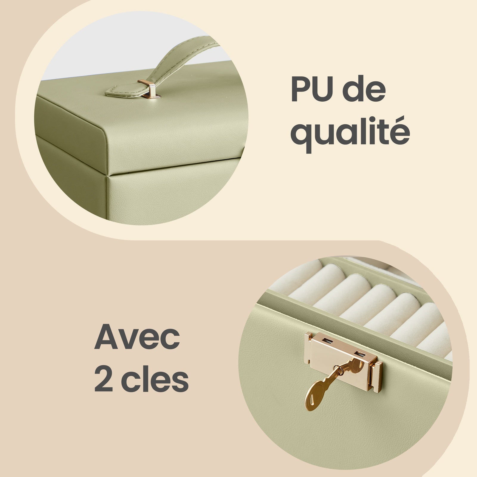 JOYFURNOS Boîte de rangement pour bijoux à 3 niveaux, Organisateur verrouillable avec poignée et 2 tiroirs, Cadeau pour femme, Usage de voyage, Vert